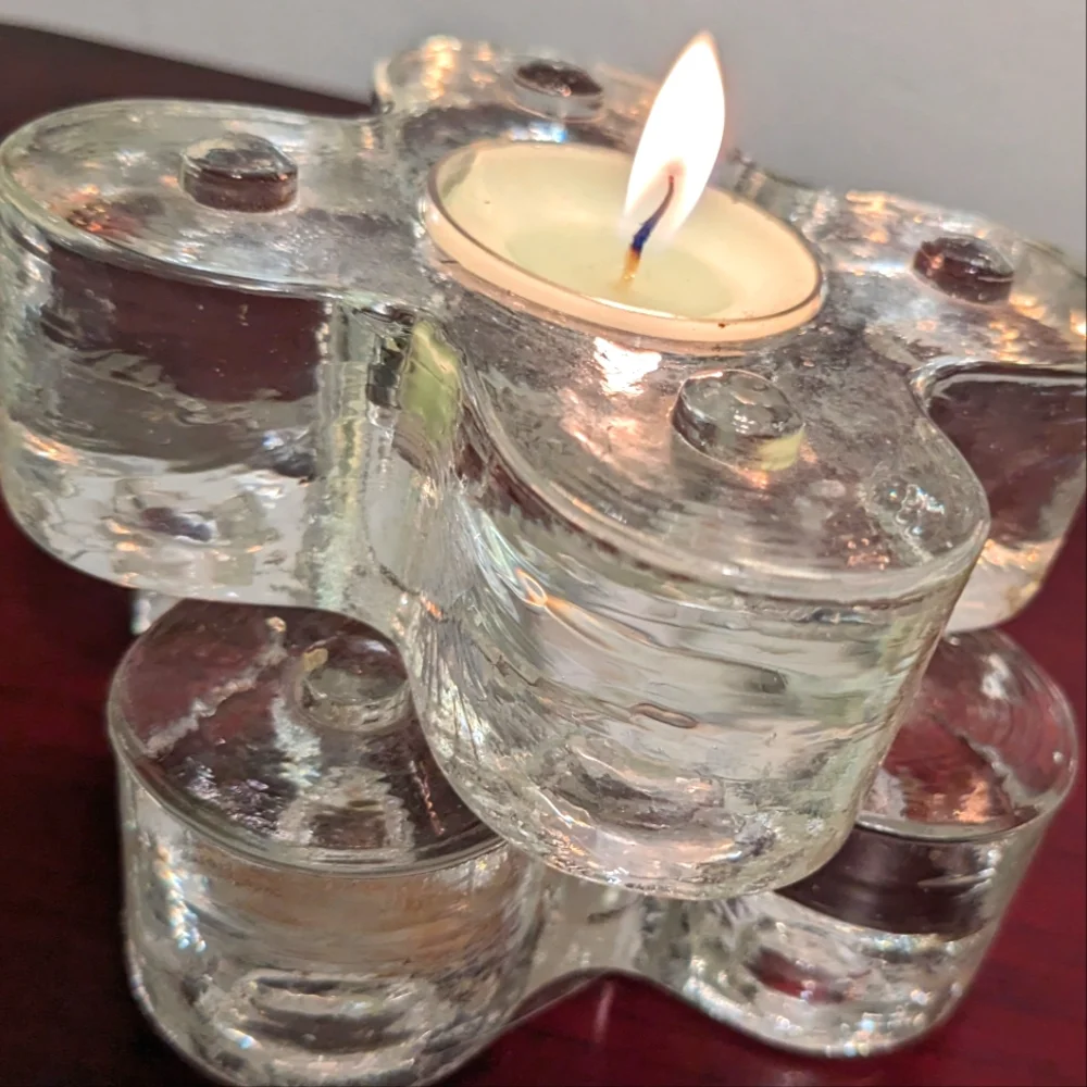 Pier One Candlestick Holders Light Pair Heavy Glass Vintage 90s Stacked Clear